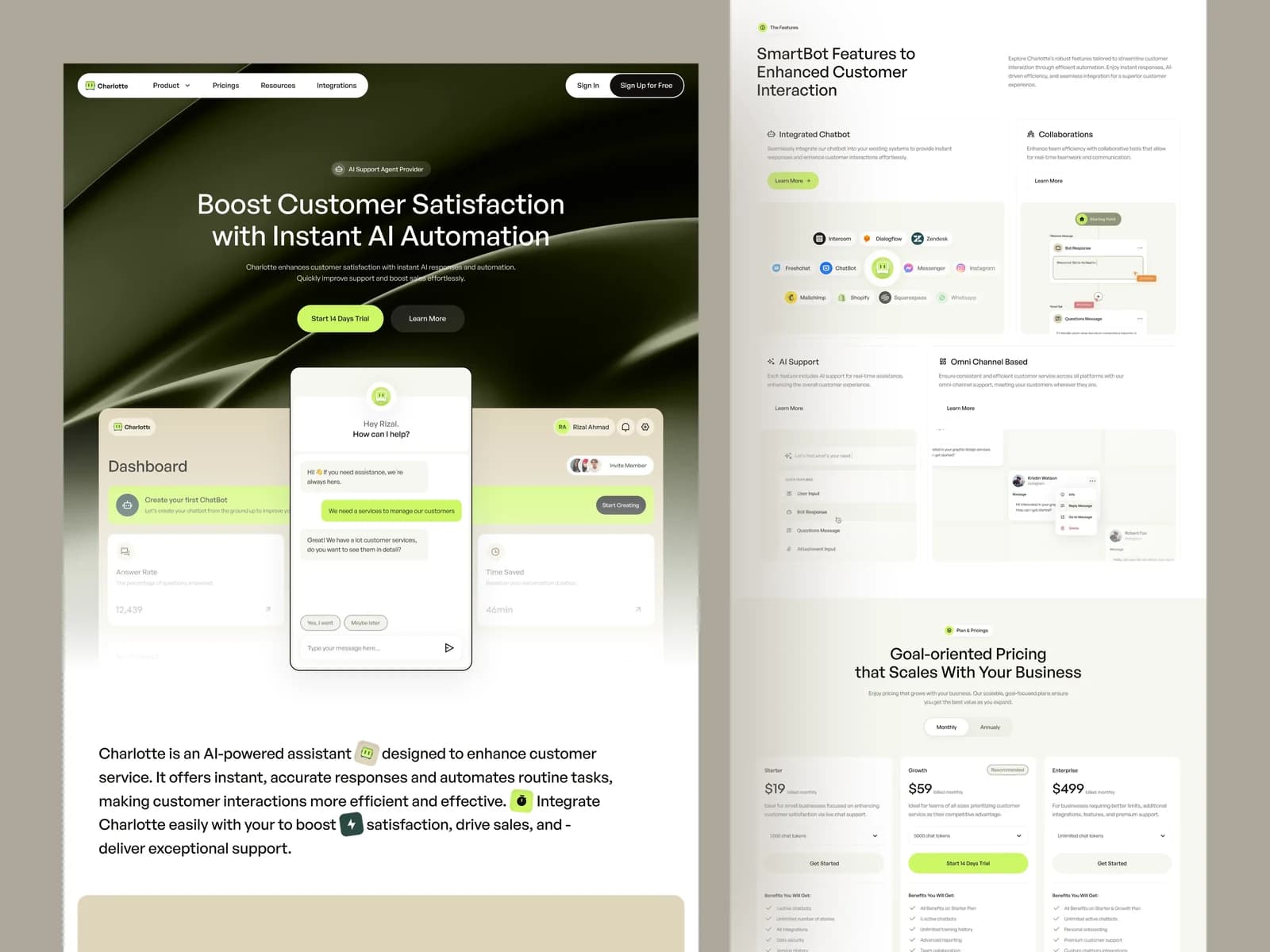 Charlotte landing page for an AI customer support chatbot