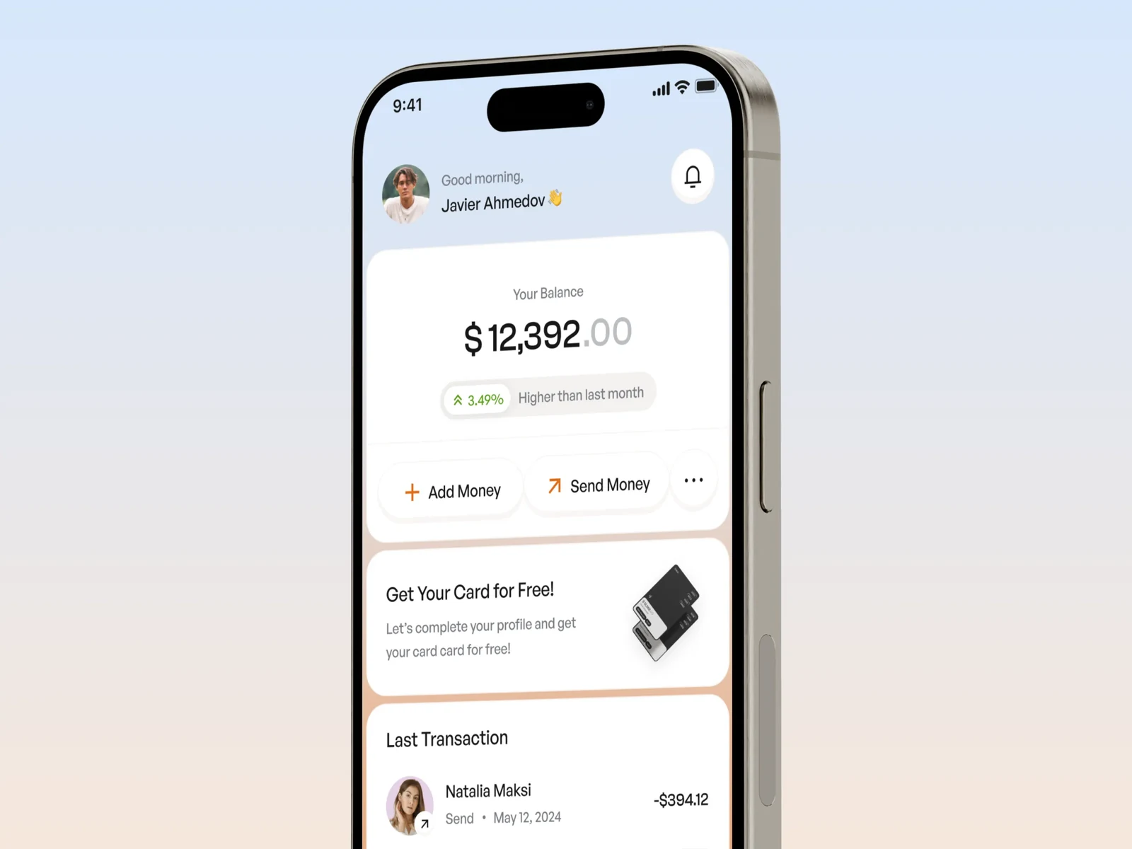 Reiga fintech app home screen with balance and recent transactions