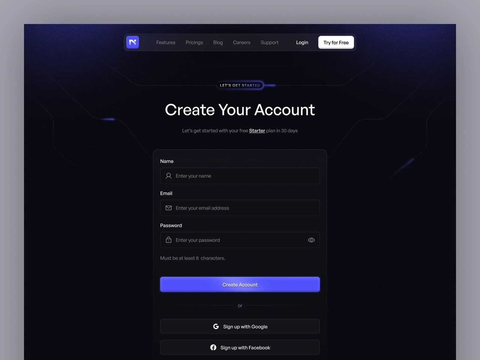 Dark sign-up page for a web app