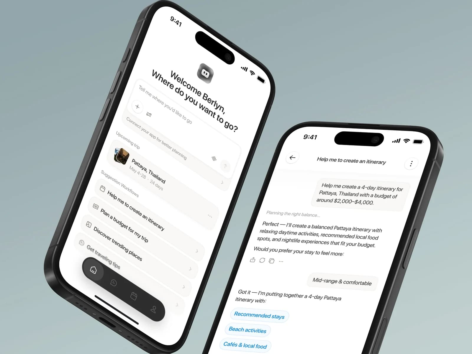 Trevo AI itinerary planner screens on two phones